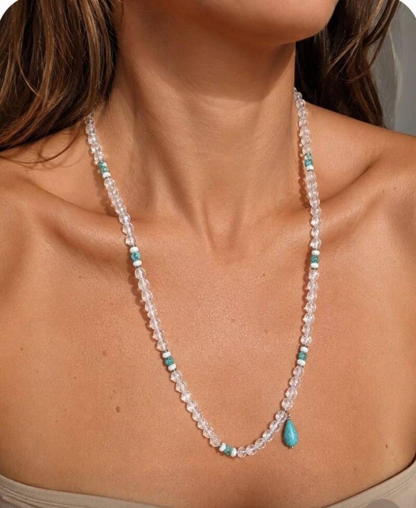 Sautoir en pierre de Cristal de roche et d'Amazonite
