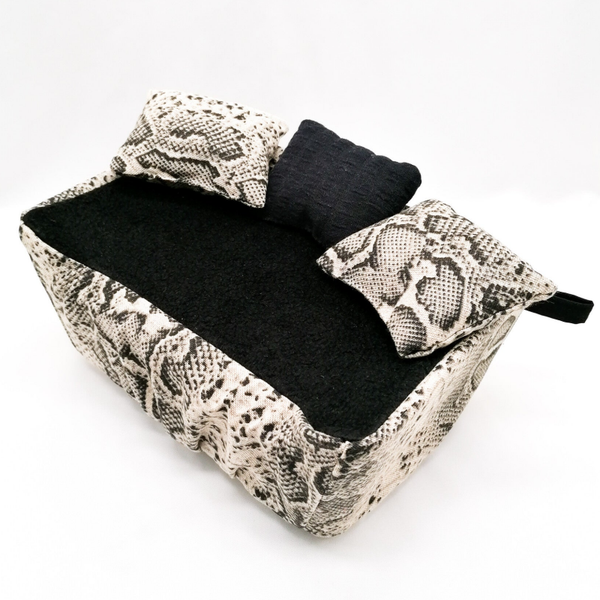 Hoes voor rattensofa maat M beige met grijs/zwarte slangenprint (zonder bakje)