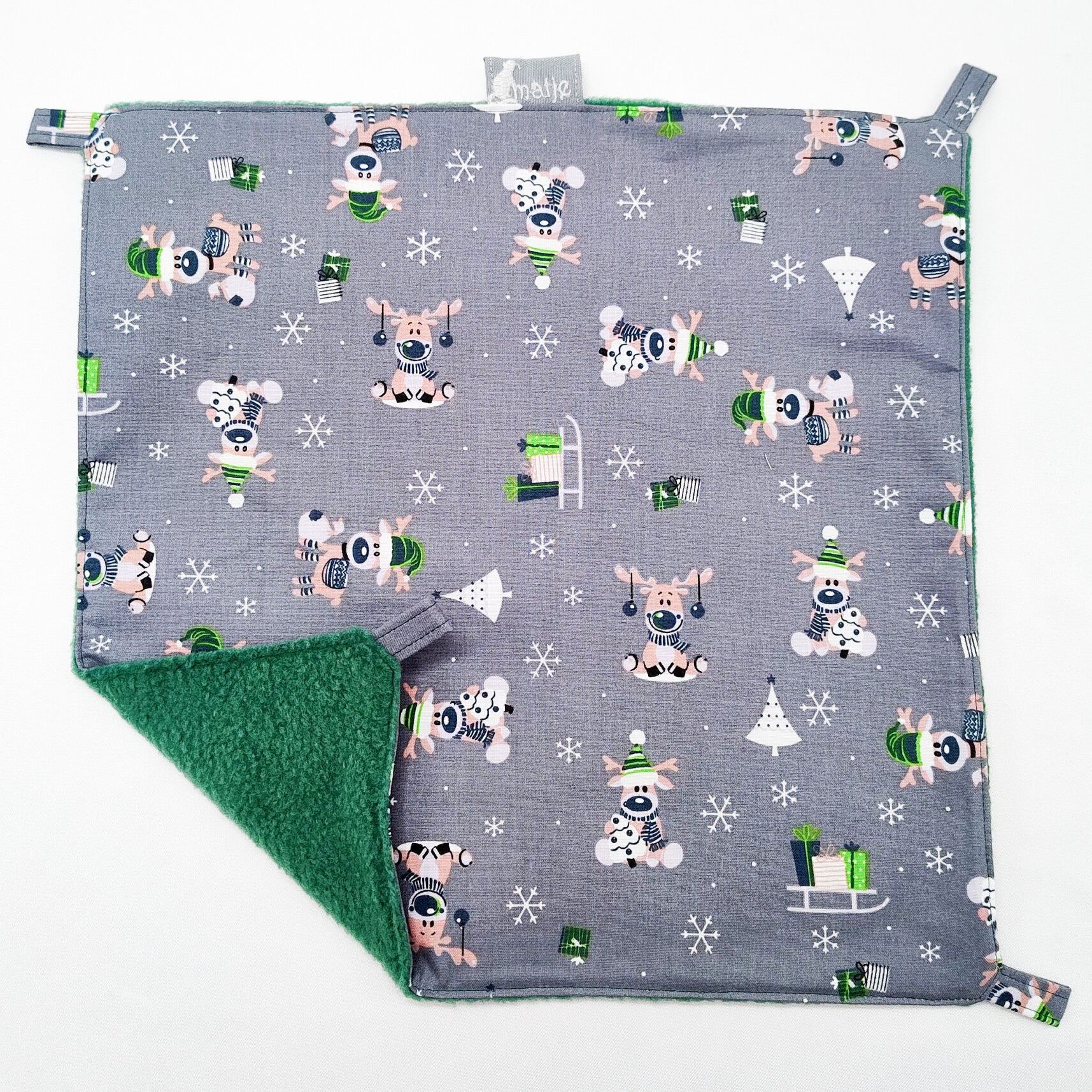 Enkele hangmat grijs met vrolijke rendieren met kerstmutsen