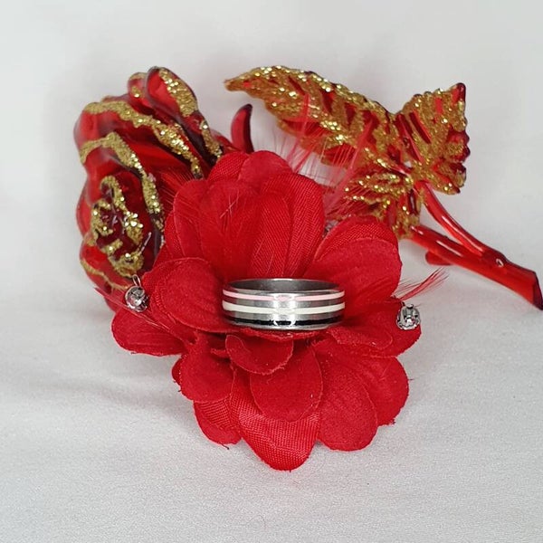 Bague 3 liserés noir/blanc/rose