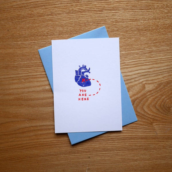 You are here, wenskaart met hart