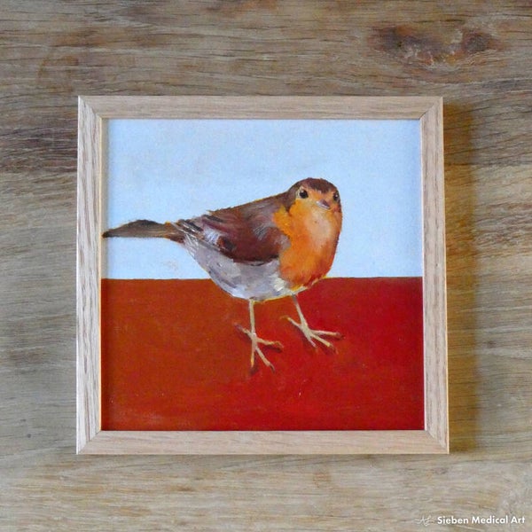 'Roodborstje', olieverf op canvasboard, 15x15 cm