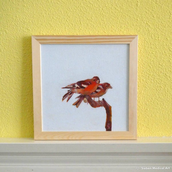'Twee vinken', olieverf op canvasboard, 20x20 cm