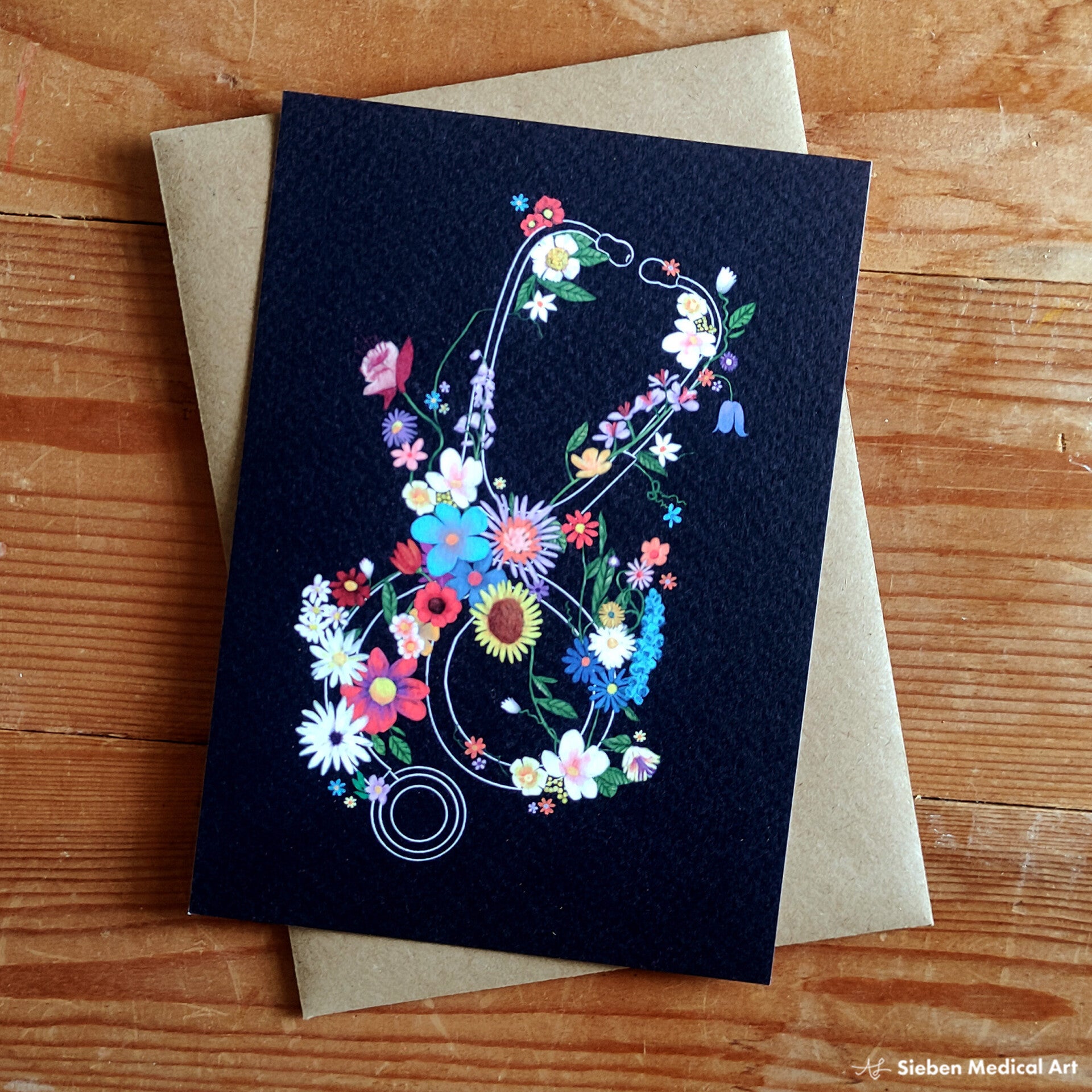 Stethoscoop met bloemen kleurrijke medische wenskaart met envelop