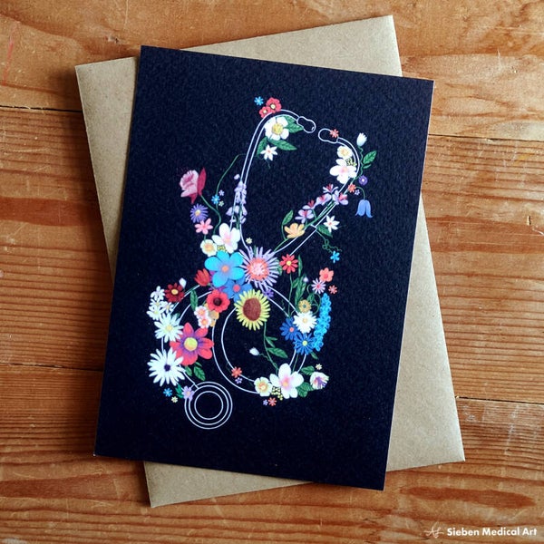 Stethoscoop met bloemen kleurrijke medische wenskaart met envelop