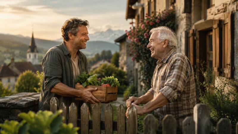 Deux voisins échangeant des légumes de leur jardin en Suisse