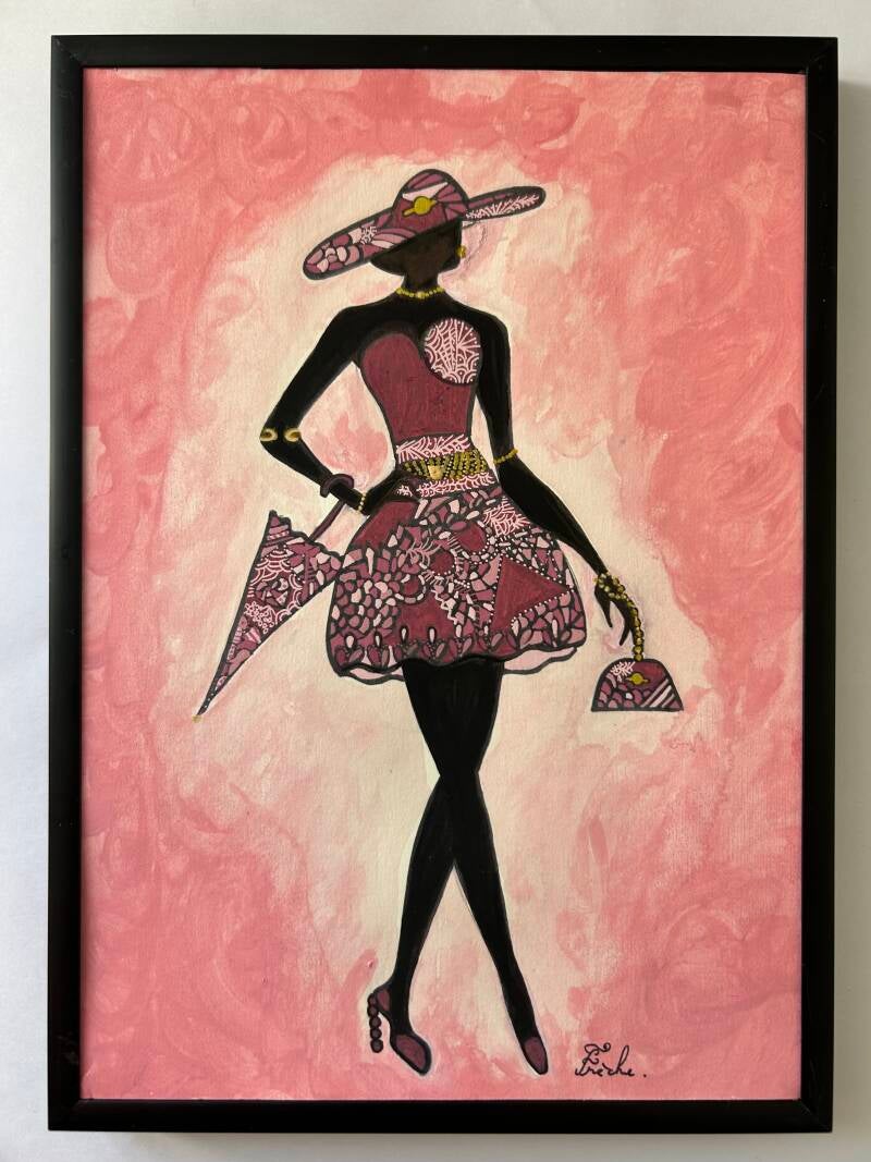Illustration afro-chic contemporaine mettant en scène une femme élégante vêtue d'une robe aux motifs d'inspiration africaine et portant un chapeau très élégant, parapluie et sac à main