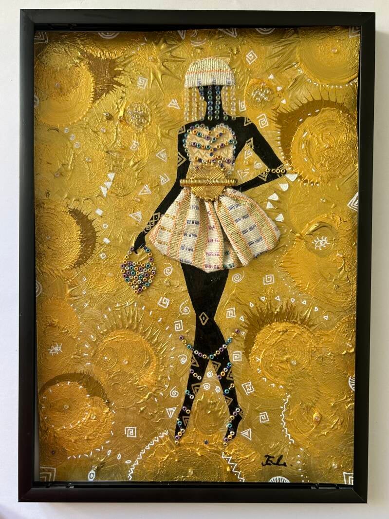 Illustration afro-contemporaine chic représentant une silhouette féminine élégante ornée de perles sur fond doré texturé