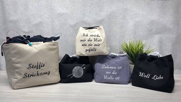Strickkorb/ Häkelkorb (Projekttasche) personalisiert mit Namen oder Spruch mit Innenfächer für Nadeln und Zubehör