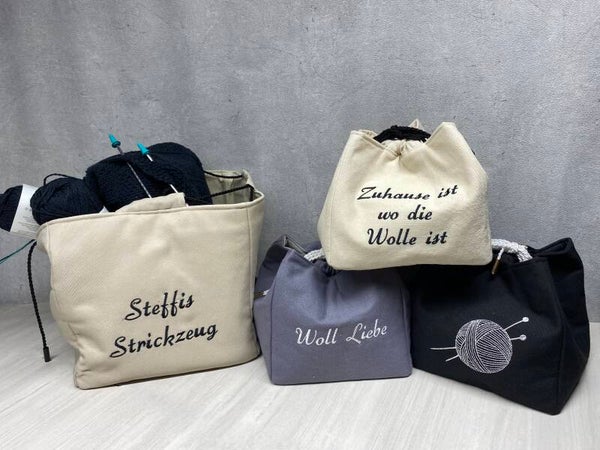 Strickkorb/ Häkelkorb (Projekttasche) personalisiert mit Namen oder Spruch mit Innenfächer für Nadeln und Zubehör