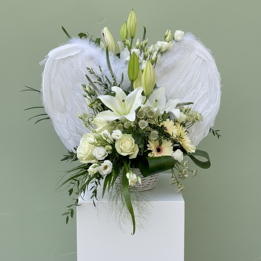 Tall front facing arrangement composed of various white flowers in a white basket. There is angel wings placed at the back