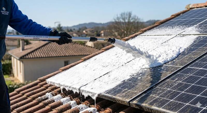 Application de la mousse active nettoyage panneaux solaire