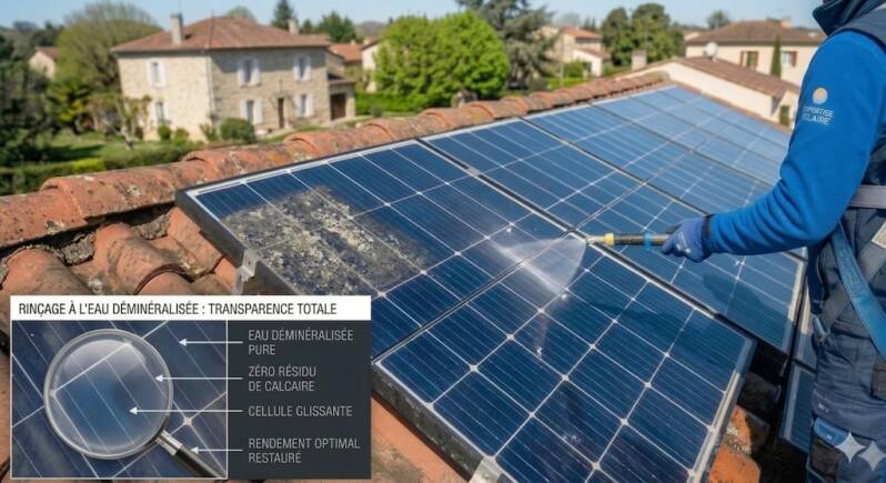 Rinçage final des panneaux solaire à l'eau déminéralisée