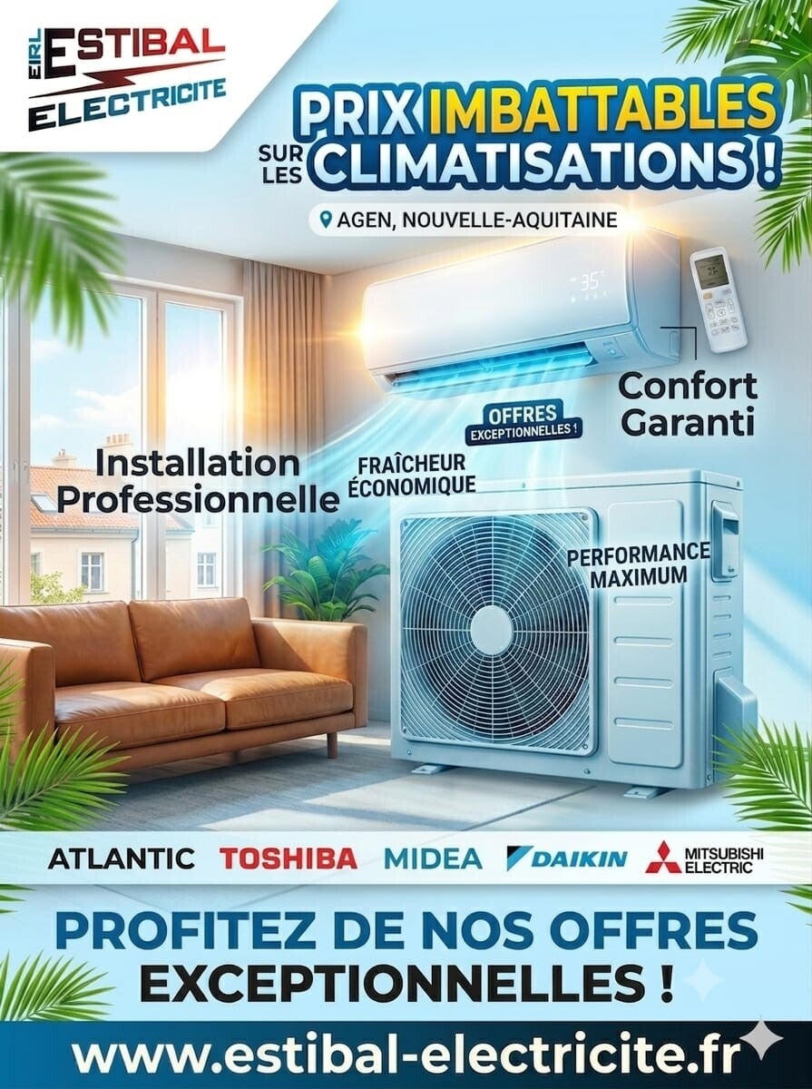 Publicité pour l'installation professionnelle de climatisation à Agen avec des marques comme Atlantic, Daikin, Mitsubishi, et Toshiba