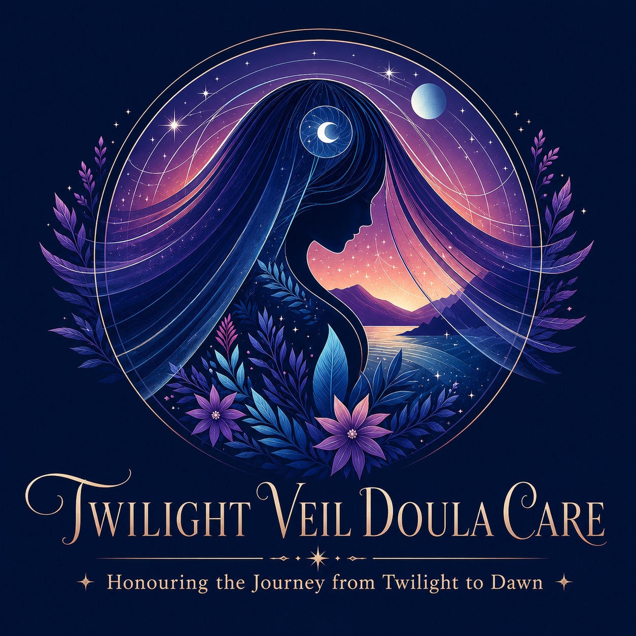 A circle with a starry night sky and the clear image of a human form with a veil overtop. Text reads Twilight Veil Doula Care