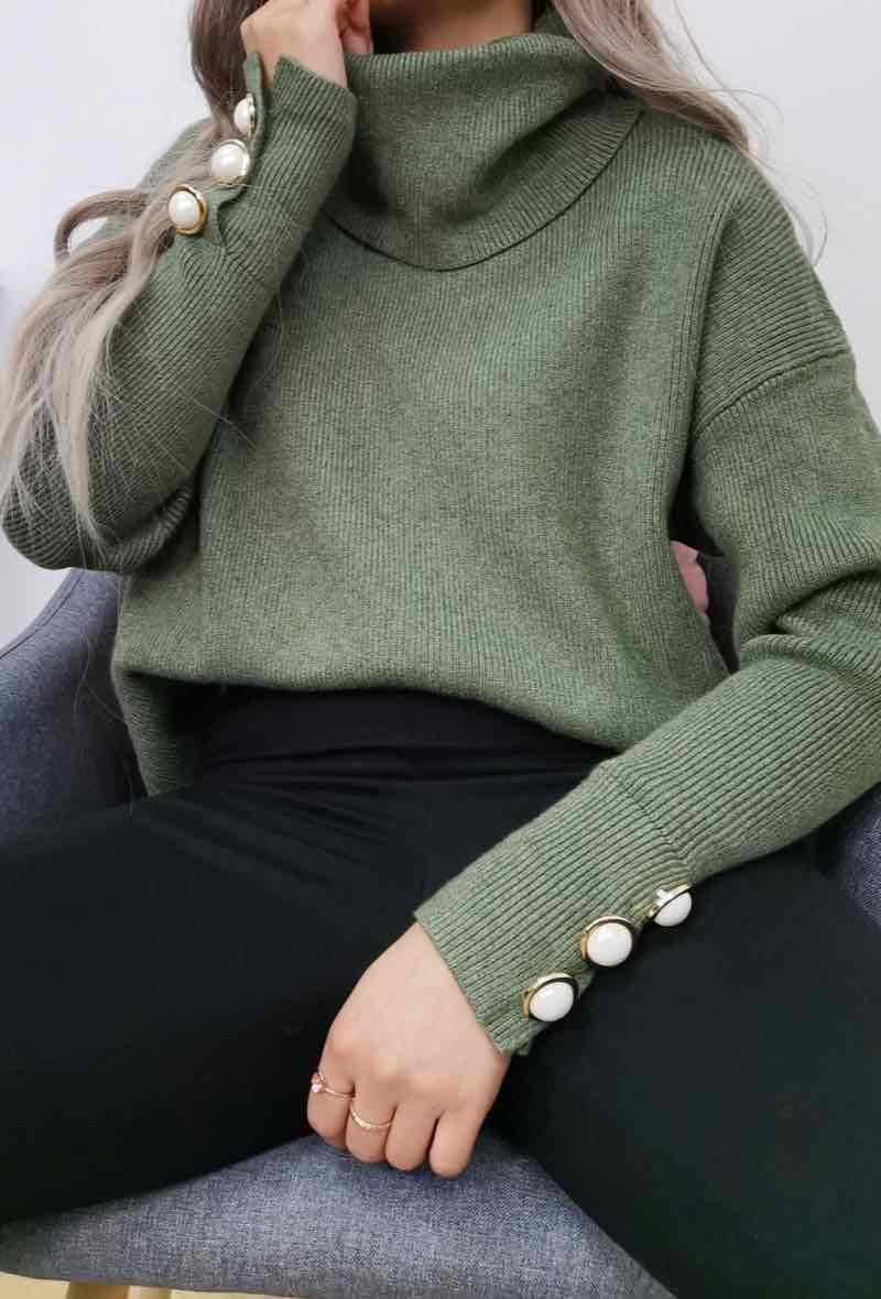 pull col roulé kaki