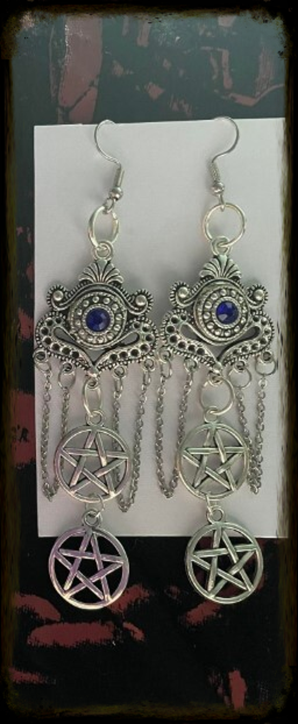 Oorbellen pentagram kettingen  met blauwe steen