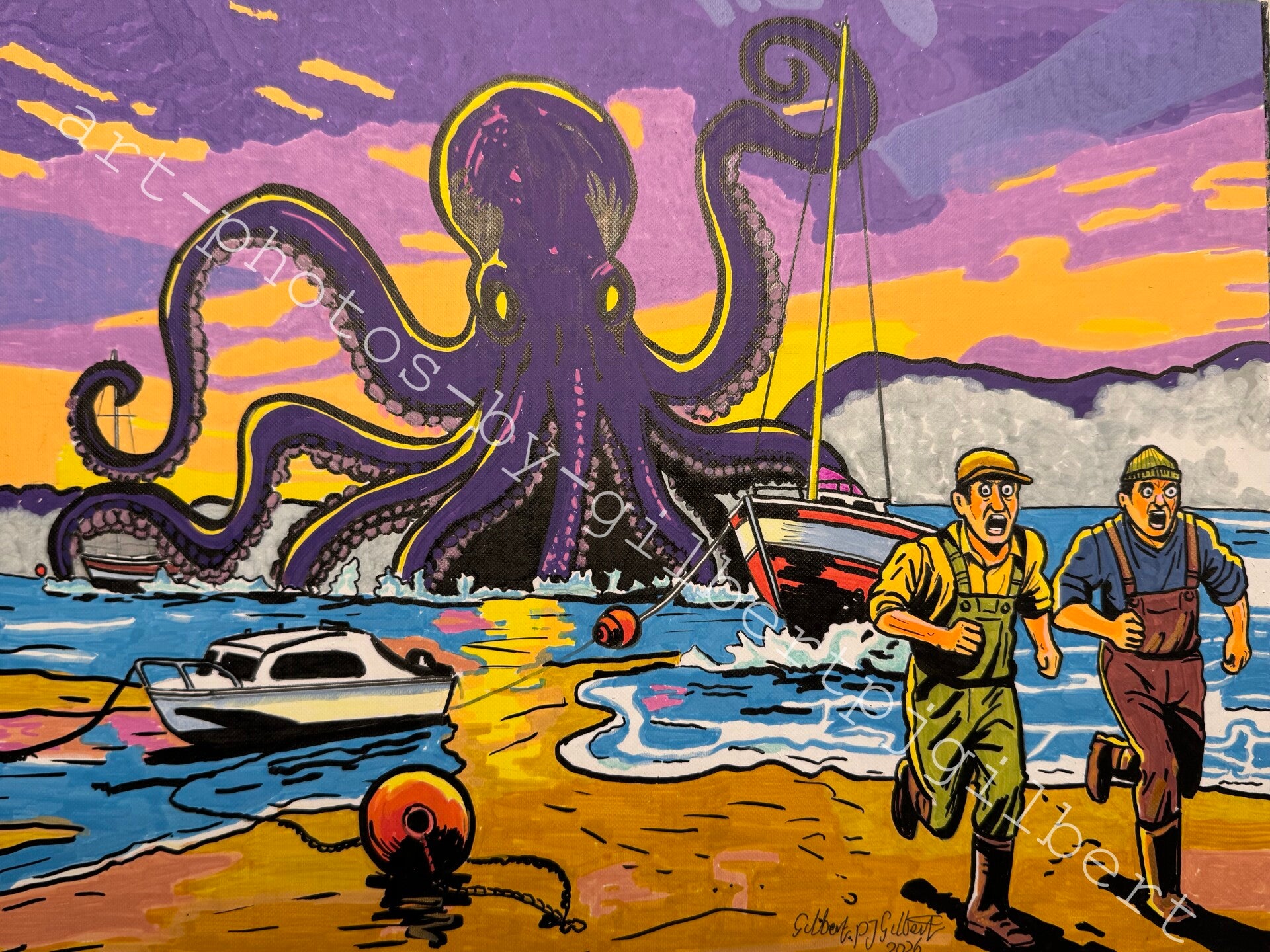 Kraken Attack on Barmouth Beach (Original Artwork - A3 Acrylic on Paper)