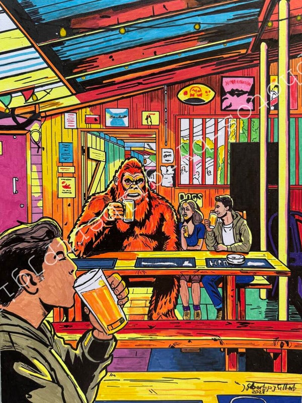 Bigfoots Happy Hour, in the Bird in Hand Pub (Original Artwork - A3 Acrylic on Paper)