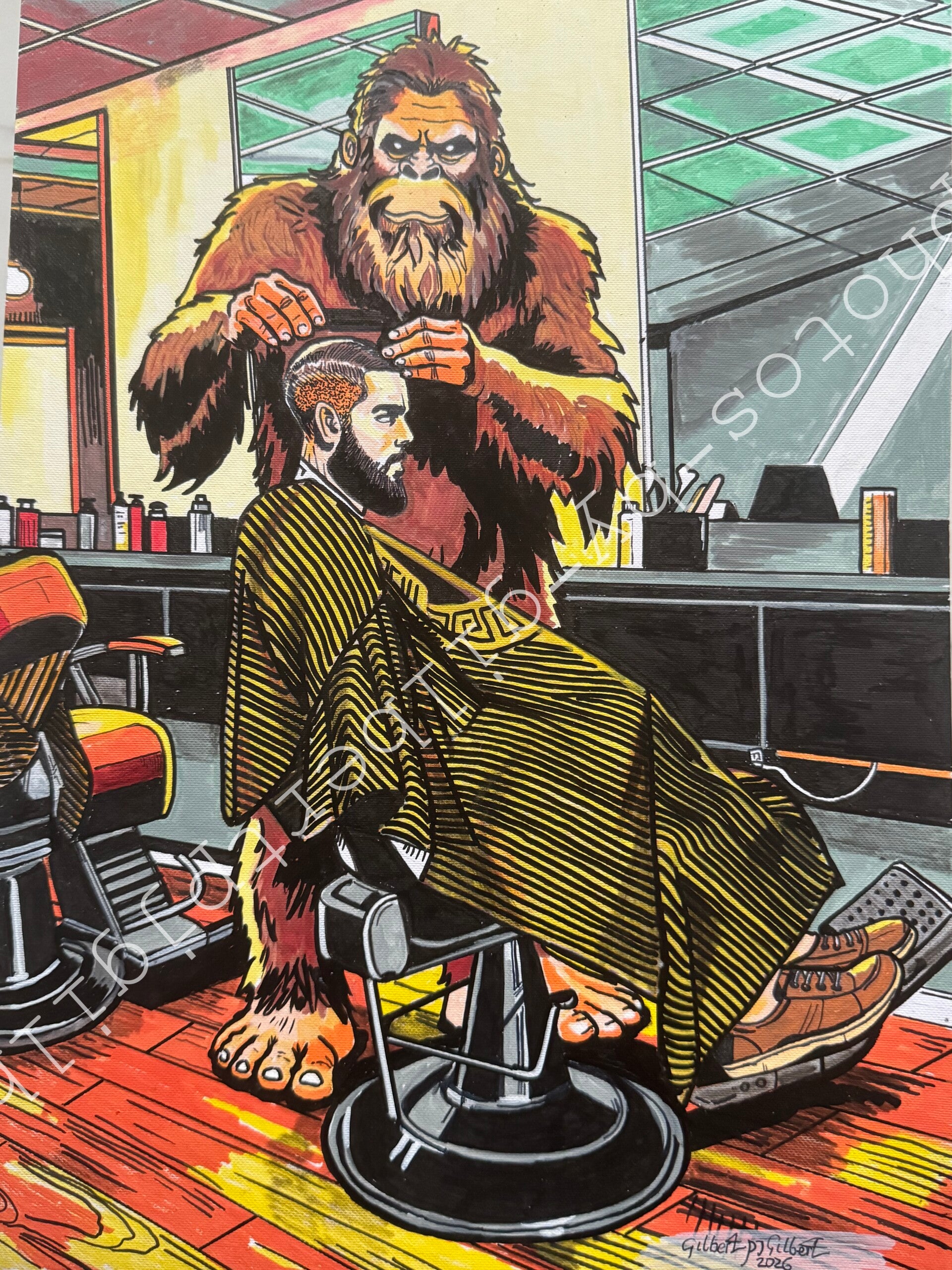 “Haircut, Sir?” said Bigfoot. (Original Artwork - A3 Acrylic on Paper)