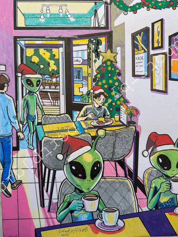 Alien Christmas Cafe (Original Artwork - A3 Acrylic on Paper)