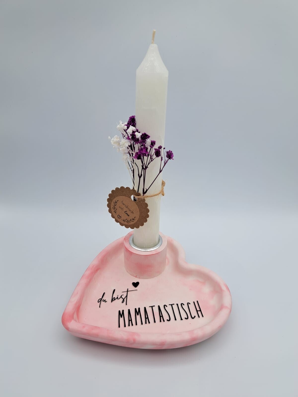 Kerze mit Herz Gipsständer und Trockenblumen