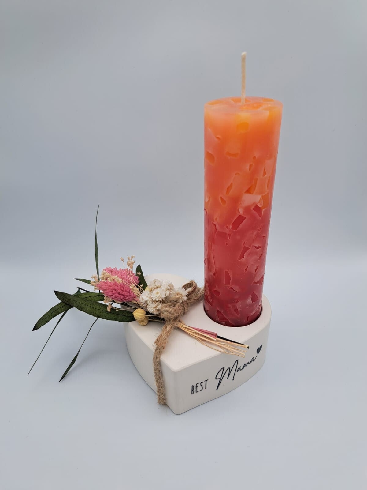 Kerze mit Herz Gipsständer und Trockenblumen