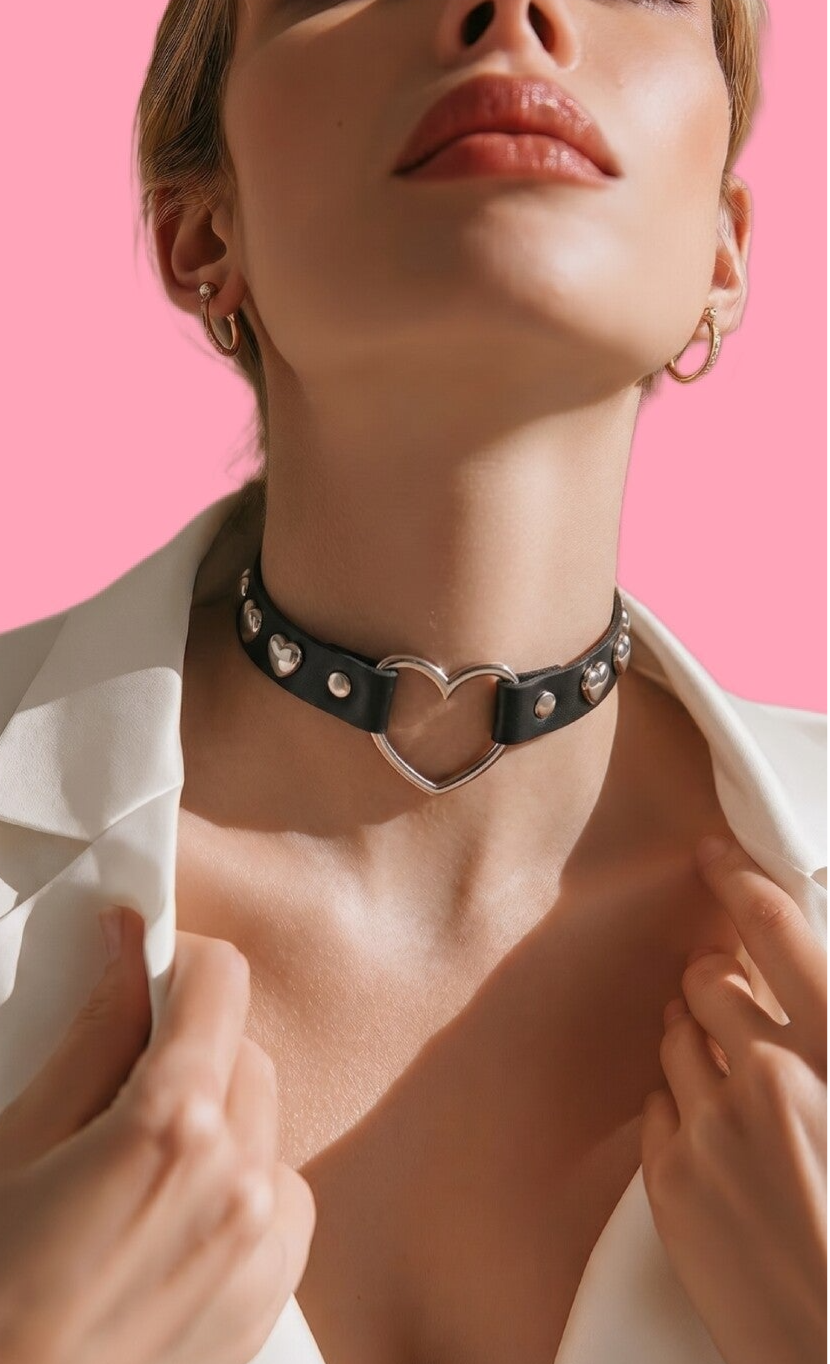 Black Studded Heart Ring Choker