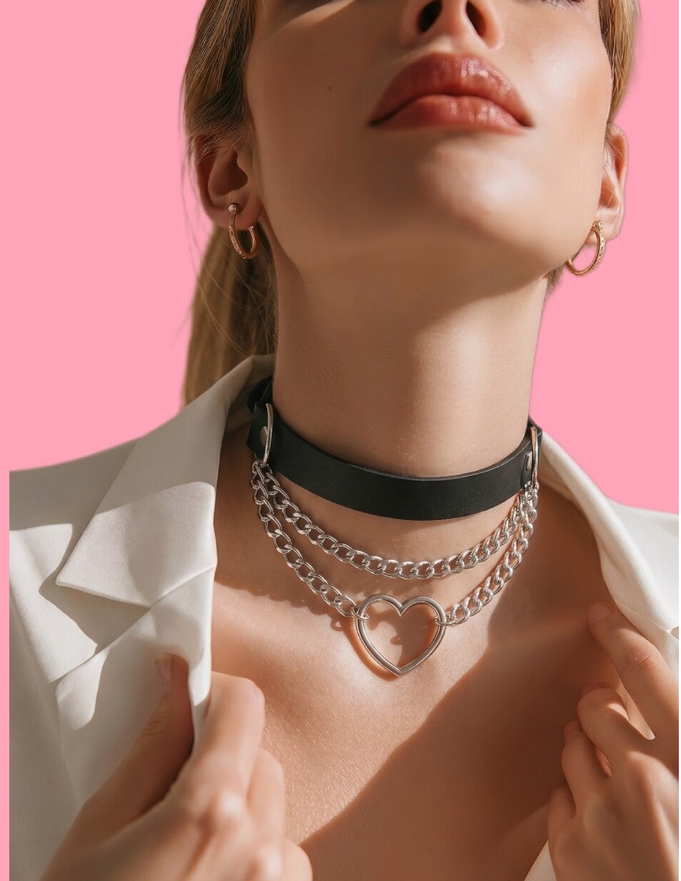 Layered Silver Heart Pendant Choker