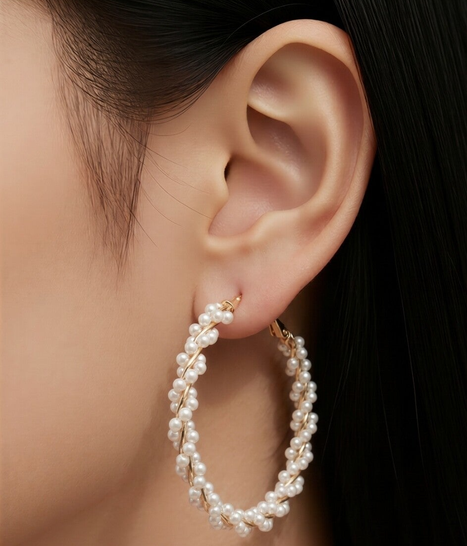 Pearl‑Wrapped Gold Hoop Earrings – Luxe Twist