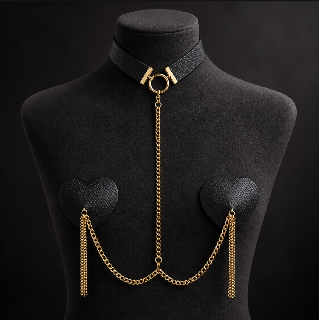 Black Heart Chain Body Harness with Choker Detail