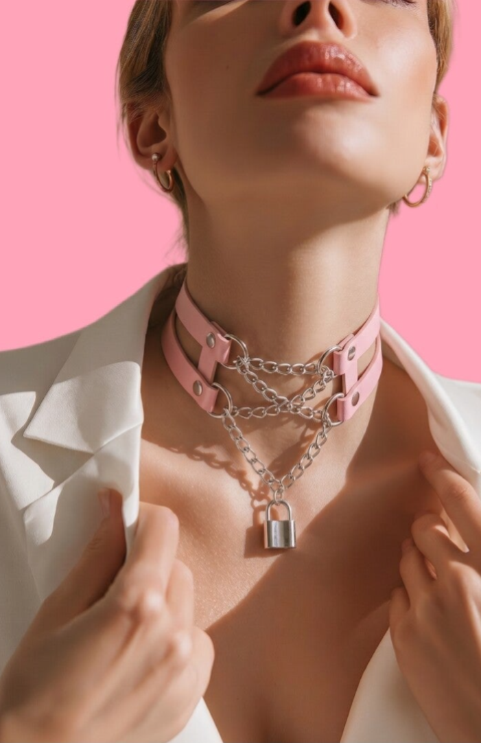 Pink Padlock Choker With Silver Chains