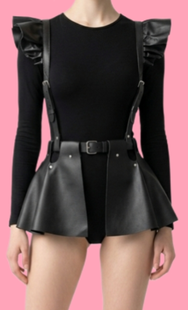Black Suspender Mini Skirt & Belted Top Set