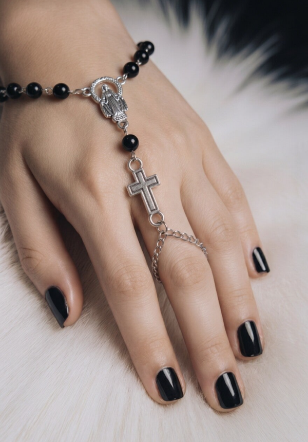 Black Rosary Hand Chain Bracelet