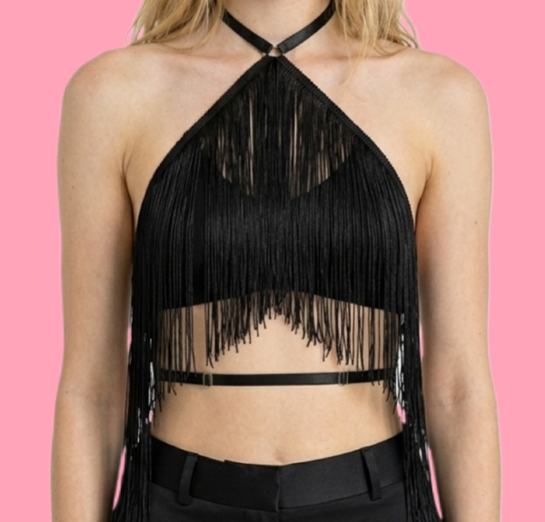 Black Fringe Halter Top | Cross‑Front Neckline
