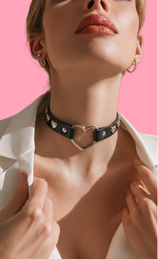 Black Studded Heart Ring Choker