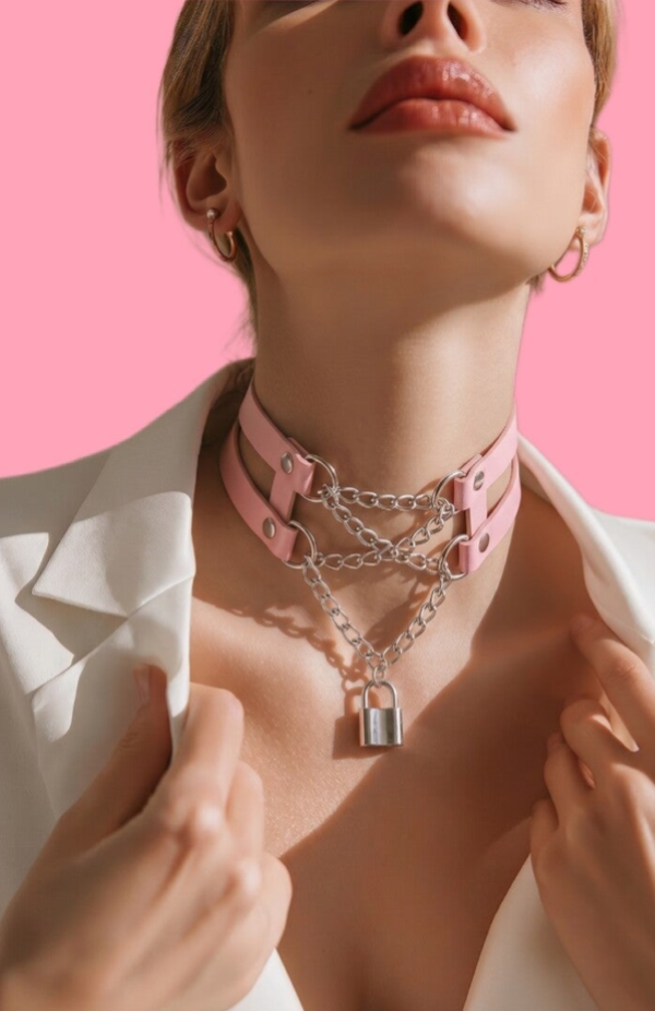 Pink Padlock Choker With Silver Chains