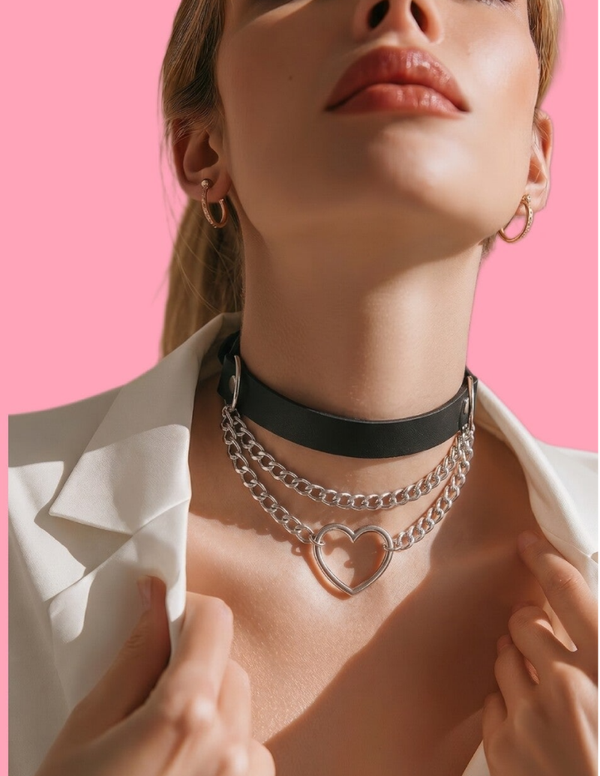 Layered Silver Heart Pendant Choker