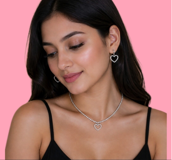 Silver Heart Earring & Necklace Set