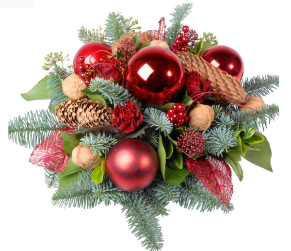 Kerststuk rood, goud of naturel.
