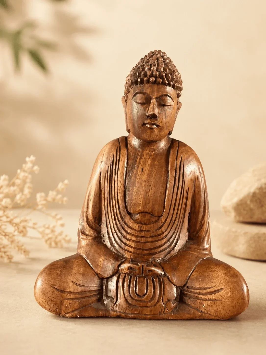 Houten Boeddha beeld meditatie tweekleurig 21 cm