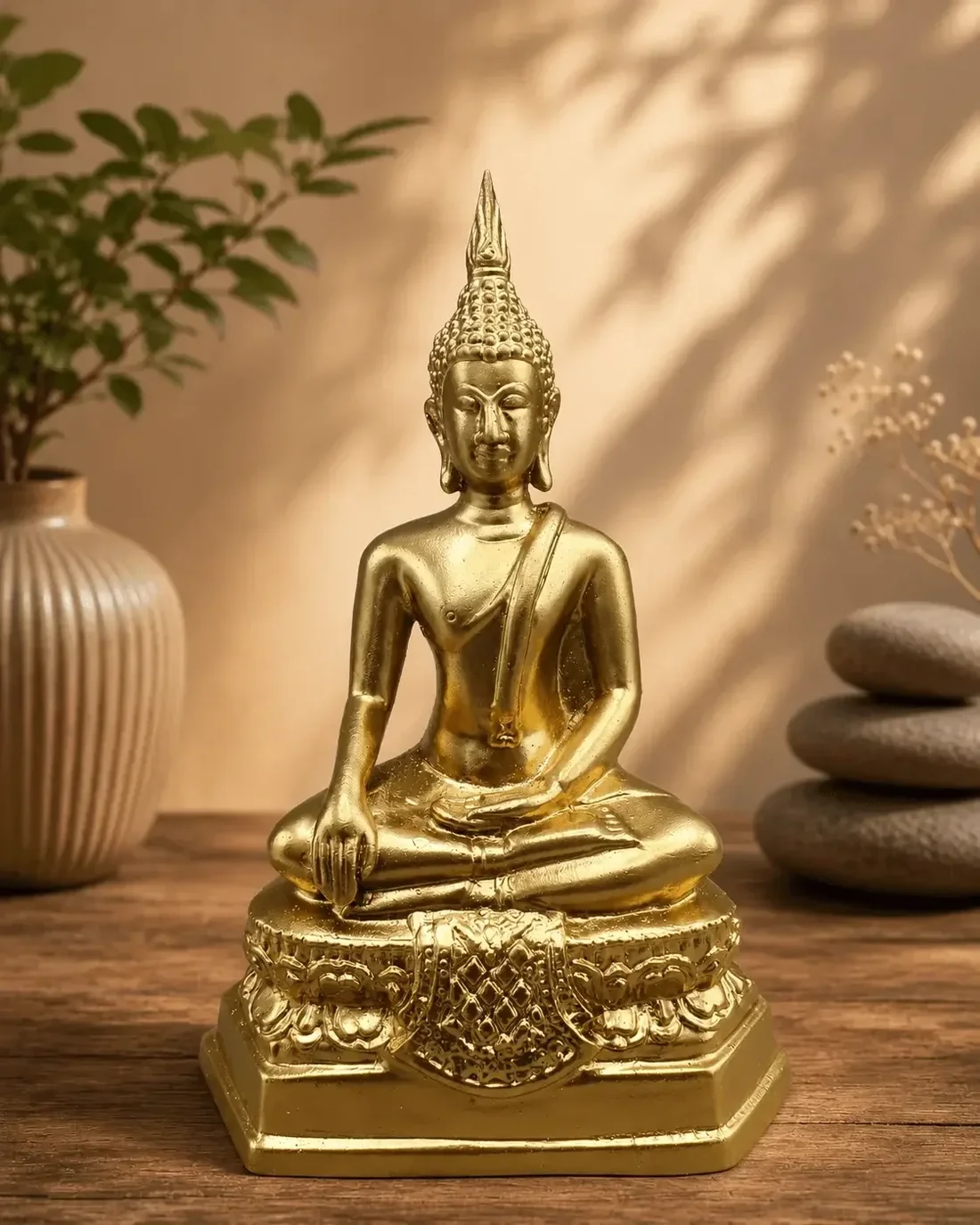Bronzen Boeddha die met de rechterhand de aarde aanraakt in Bhumisparsha Mudra