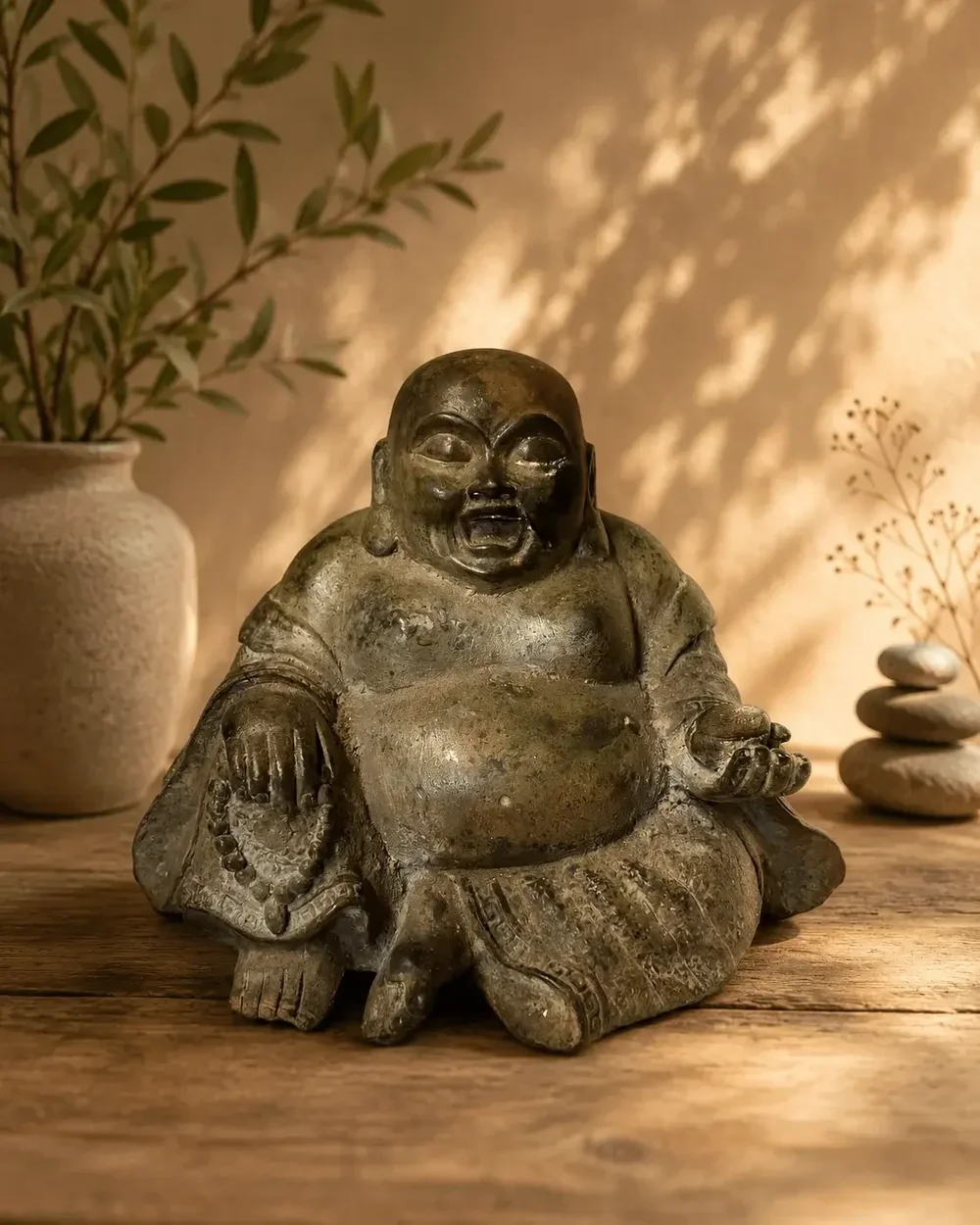 Bronzen Happy Boeddha met mala en goudklomp in een warm interieur