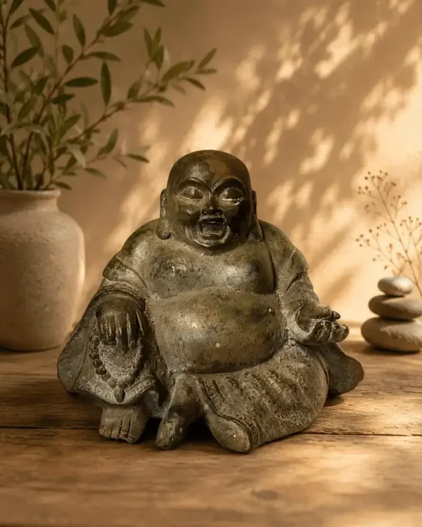Bronzen Happy Boeddha met mala en goudklomp uit Thailand