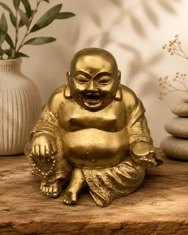 Bronzen Laughing Buddha met mala en goudklomp