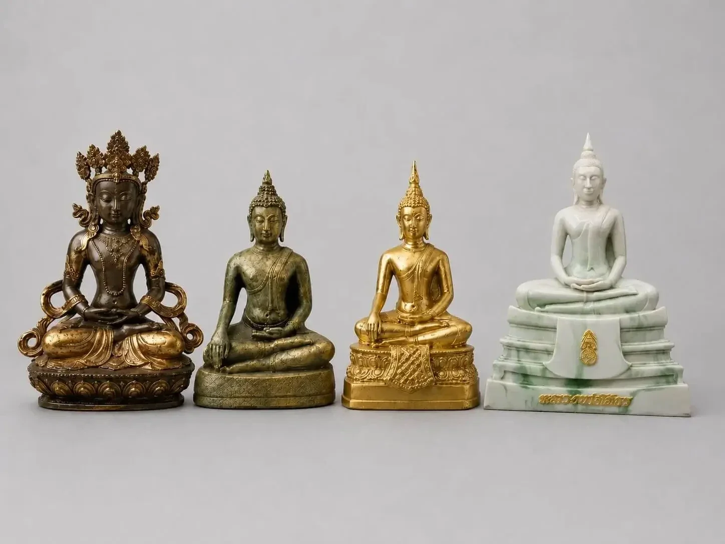 Collectie boeddha beelden in diverse materialen brons, hout, polystone uit diverse landen Thailand, Nepal, India, china