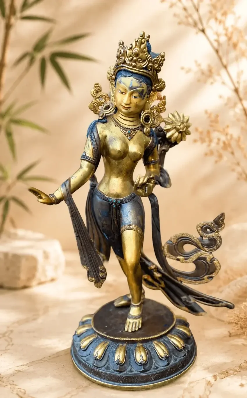 Dansende Tara Goldface bronzen beeld uit Nepal