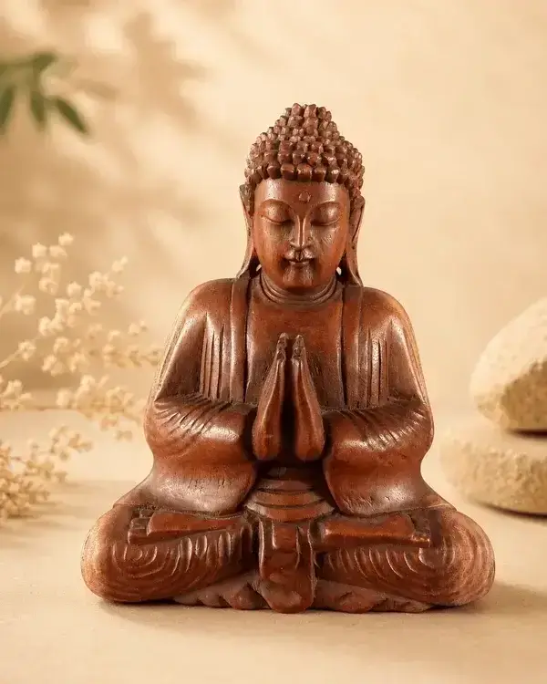 Handgemaakt Namaste Boeddha beeld van suar hout 21 cm
