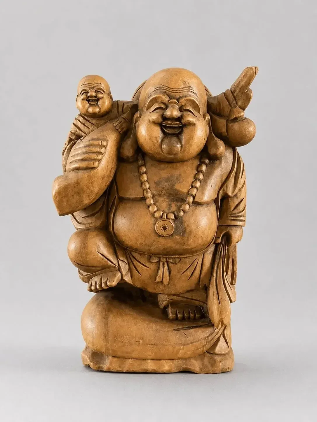 Houten Happy Boeddha beeld met kind 50 cm