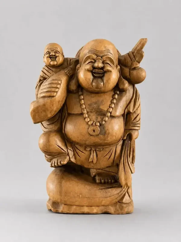 Houten Happy Boeddha beeld met kind 50 cm